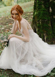 A Line Bohemian Tulle Lace Wedding Dresses Bridal Gowns Beach - KissProm