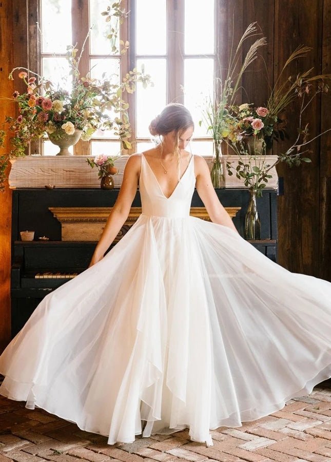 A Line Sleeveless Chiffon Deep V Neck Simple Long Beach Wedding Dress