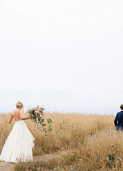 A Line Sleeveless Chiffon Deep V Neck Simple Long Beach Wedding Dress