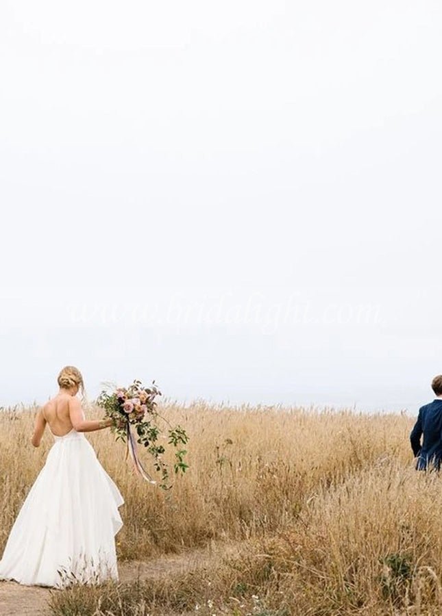 A Line Sleeveless Chiffon Deep V Neck Simple Long Beach Wedding Dress