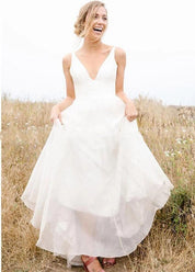 A Line Sleeveless Chiffon Deep V Neck Simple Long Beach Wedding Dress