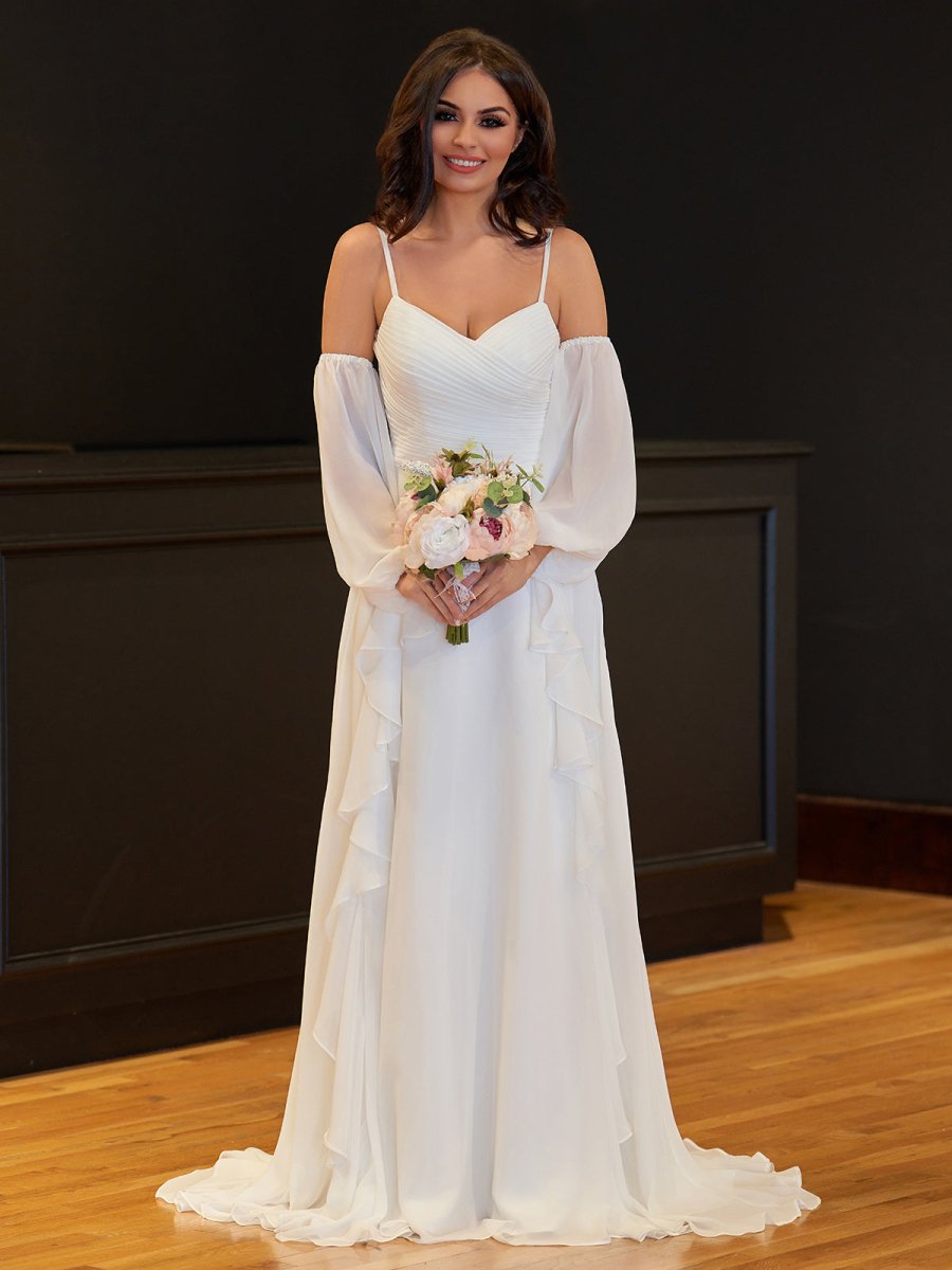 A-Line Chiffon Detachable Puffy Sleeves Wedding Dress
