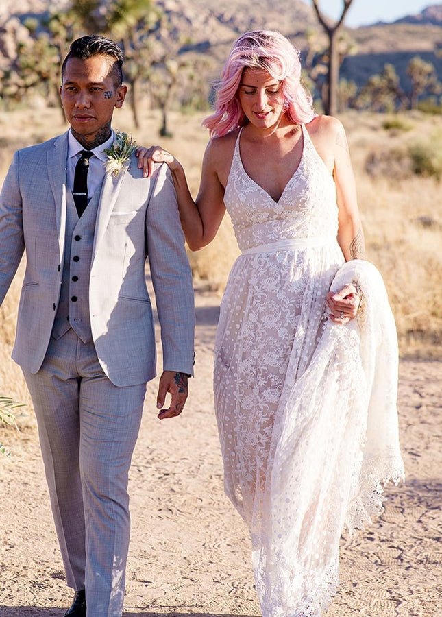 A Line Lace Wedding Dresses Nude Lining - KissProm