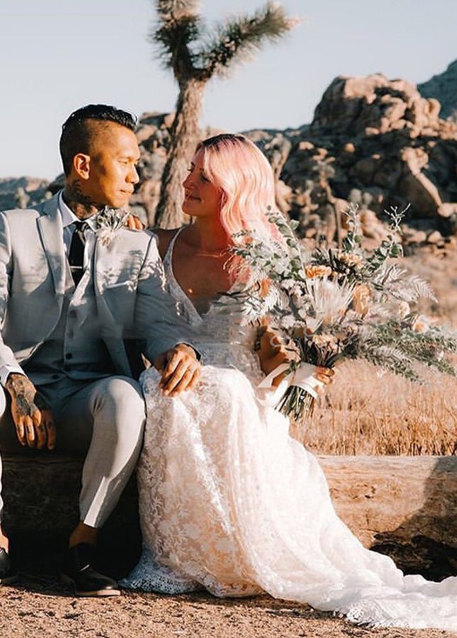 A Line Lace Wedding Dresses Nude Lining - KissProm