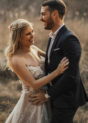 A Line Lace White Spaghetti Straps Wedding Dresses - KissProm