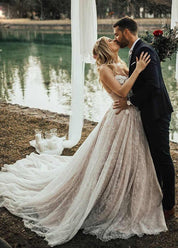 A Line Lace White Spaghetti Straps Wedding Dresses - KissProm