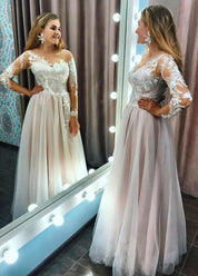 A Line Long Sleeves Blushing Pink Lining Wedding Dress With Lace Appliques - KissProm