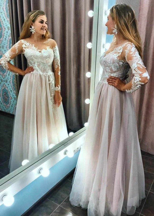 A Line Long Sleeves Blushing Pink Lining Wedding Dress With Lace Appliques - KissProm