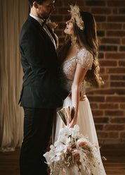 A Line Short Sleeves V Neck Wedding Dresses - KissProm