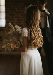 A Line Short Sleeves V Neck Wedding Dresses - KissProm