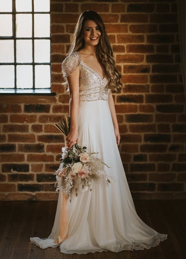 A Line Short Sleeves V Neck Wedding Dresses - KissProm