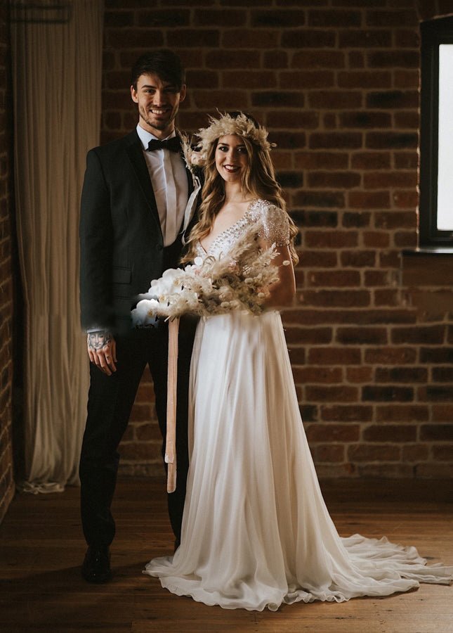 A Line Short Sleeves V Neck Wedding Dresses - KissProm