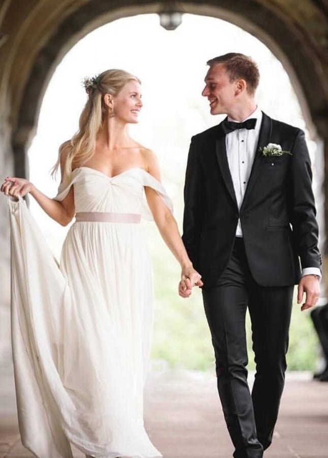 A Line Simple Chiffon Wedding Dresses Pleated Boho Bridal Dress - KissProm