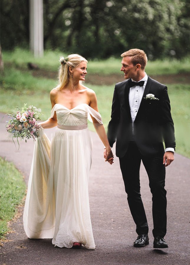 A Line Simple Chiffon Wedding Dresses Pleated Boho Bridal Dress - KissProm