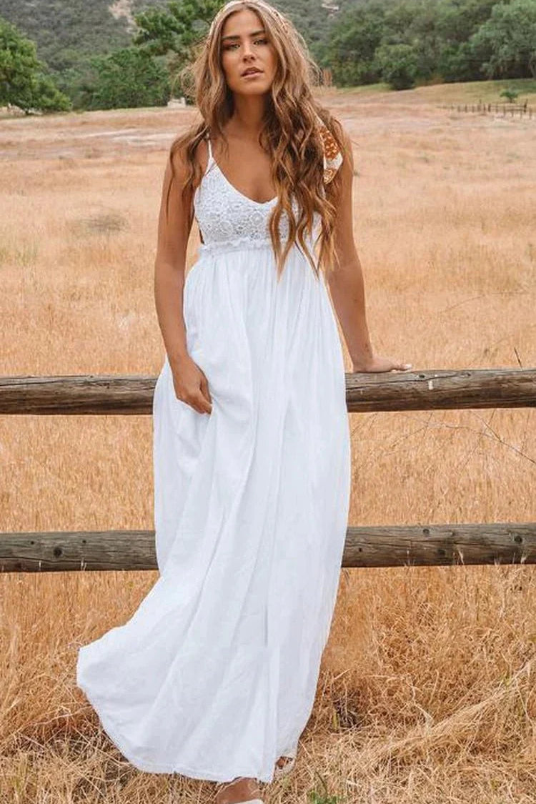 A Line Spaghetti Chiffon Lace Floor-length Sleeveless Wedding Dress