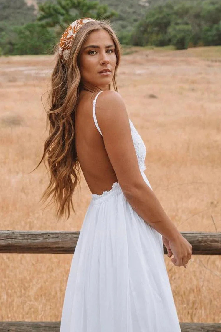 A Line Spaghetti Chiffon Lace Floor-length Sleeveless Wedding Dress