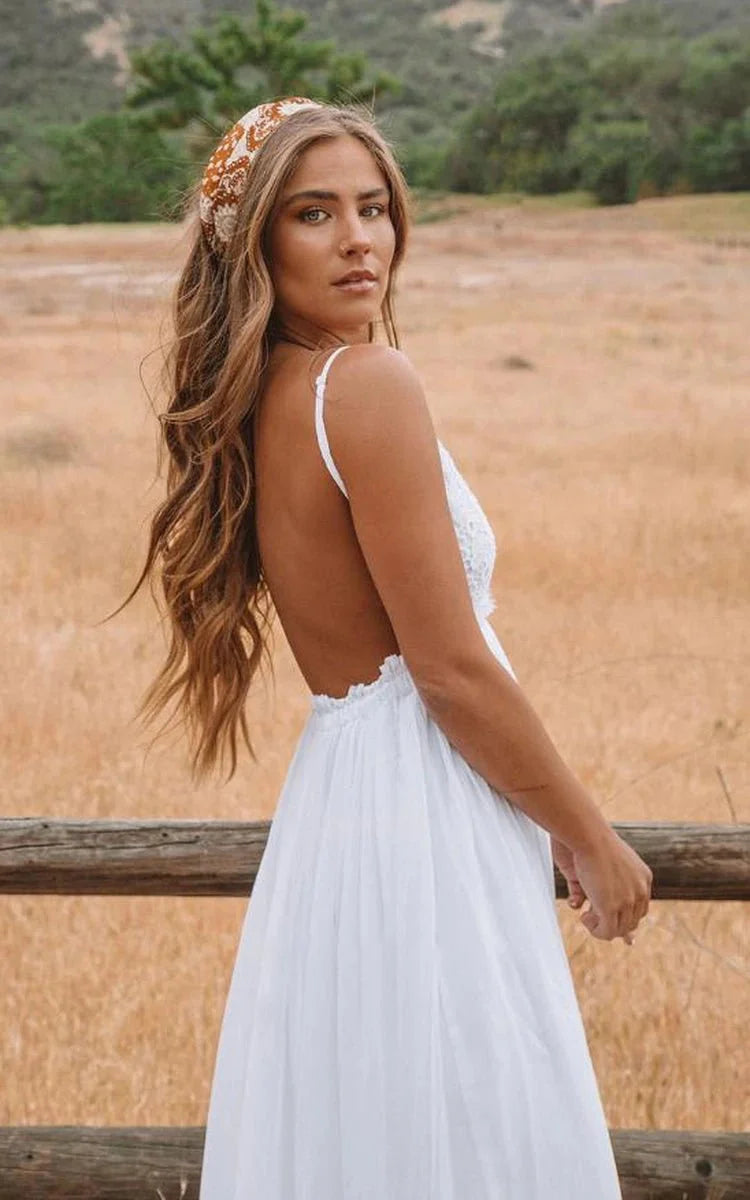 A Line Spaghetti Chiffon Lace Floor-length Sleeveless Wedding Dress