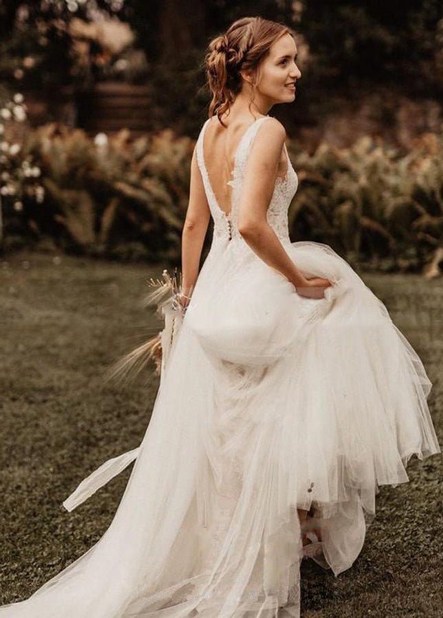 A Line V Neck Bohemian Wedding Dresses - KissProm