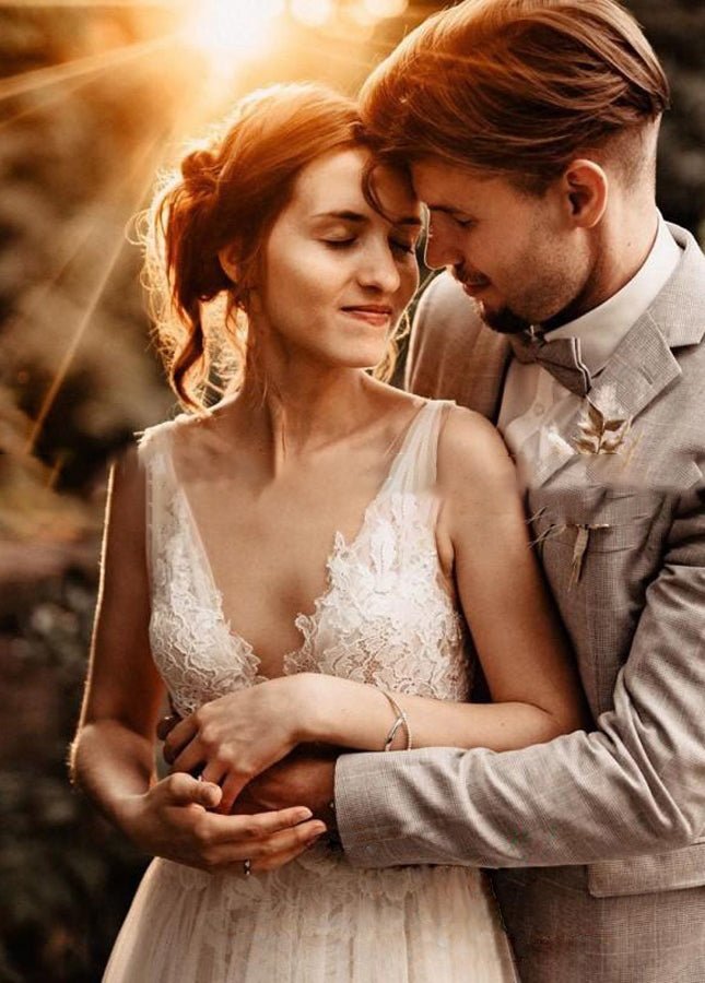 A Line V Neck Bohemian Wedding Dresses - KissProm