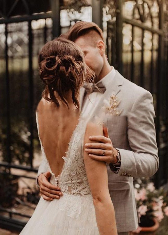 A Line V Neck Bohemian Wedding Dresses - KissProm