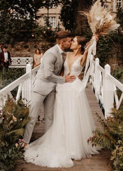 A Line V Neck Bohemian Wedding Dresses - KissProm