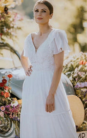 A Line V-neck Lace Floor-length Short Sleeve Wedding Dress with Ruffles