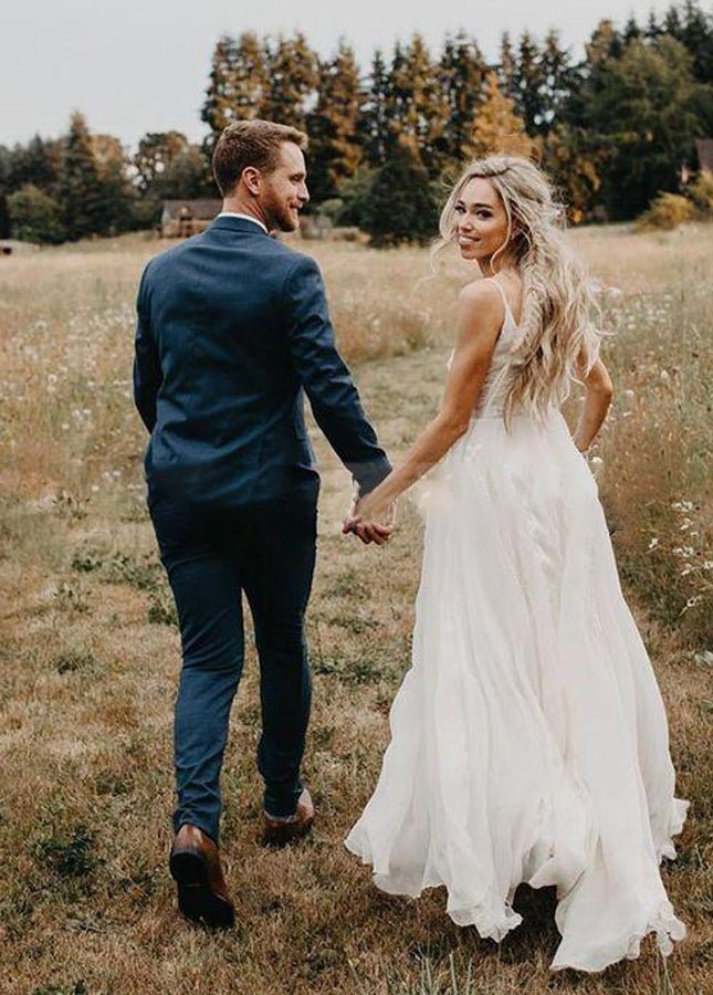 A Line V Neck Long Wedding Dresses Lace Chiffon Bohemian Bridal Gown - KissProm