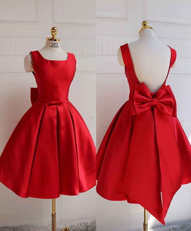 Sleeveless Satin Red Homecoming Dress with Low Back & Oversized Bow Detail