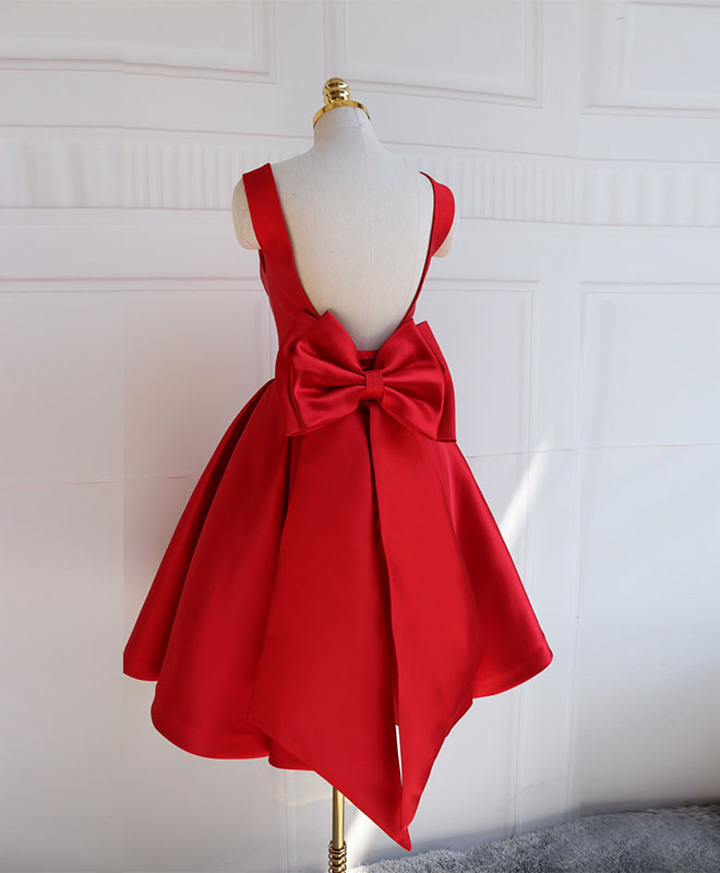 Sleeveless Satin Red Homecoming Dress with Low Back & Oversized Bow Detail