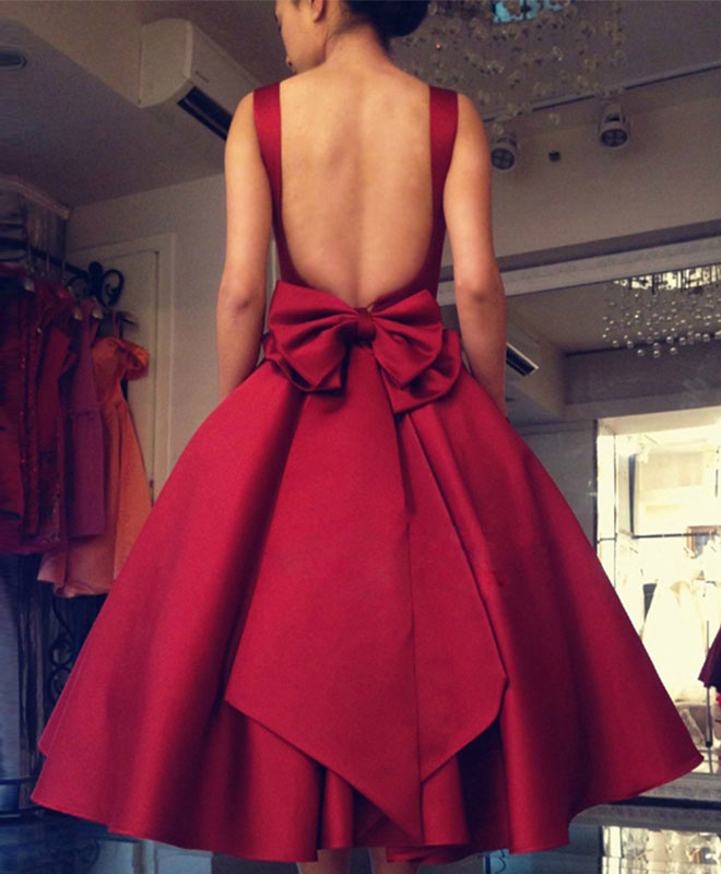 Sleeveless Satin Red Homecoming Dress with Low Back & Oversized Bow Detail
