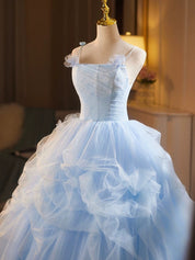 Light Blue Ball Gown Square Neck Floor-Length Tulle Prom Dress with Tiered Ruffles