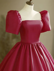 A-Line Puff Sleeves Burgundy Long Prom Dress, Burgundy Long Formal Dress