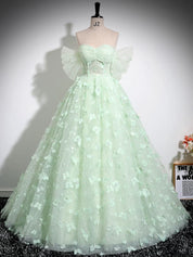 Ball Gown Sweetheart Neckline Floor-Length Mint Tulle Lace Prom Dress with 3D Floral Appliqué