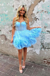 A-Line Sweetheart Short/Mini Pink Tulle Homecoming Dress with Corset Bodice and Ruffled Skirt