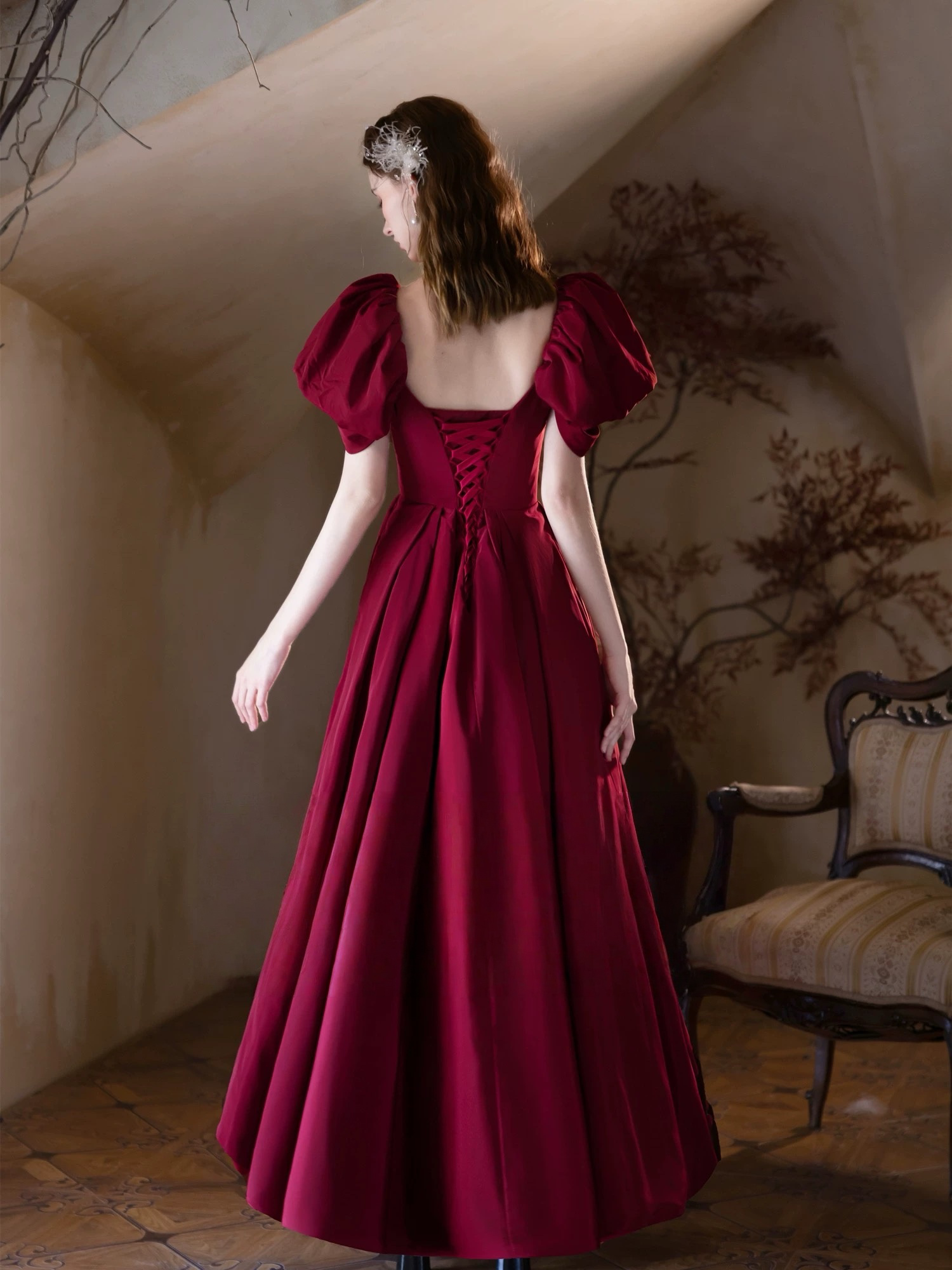 Burgundy Off-Shoulder Satin Ball Gown Prom Dress with Puff Sleeves