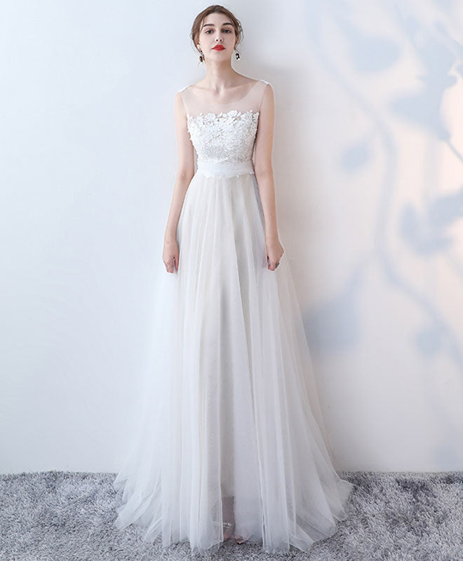 A-Line Illusion Neck Floor-Length Tulle & Lace Elegant Prom Dress
