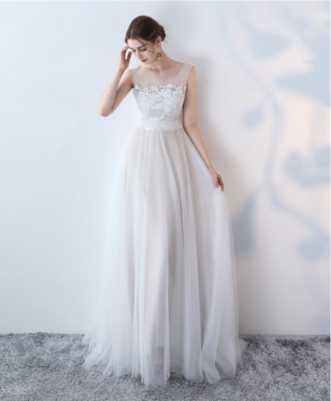 A-Line Illusion Neck Floor-Length Tulle & Lace Elegant Prom Dress