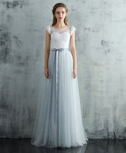 A-Line Illusion Neck Floor-Length Tulle & Lace Prom Dress with Waist Bow