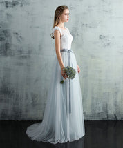 A-Line Illusion Neck Floor-Length Tulle & Lace Prom Dress with Waist Bow