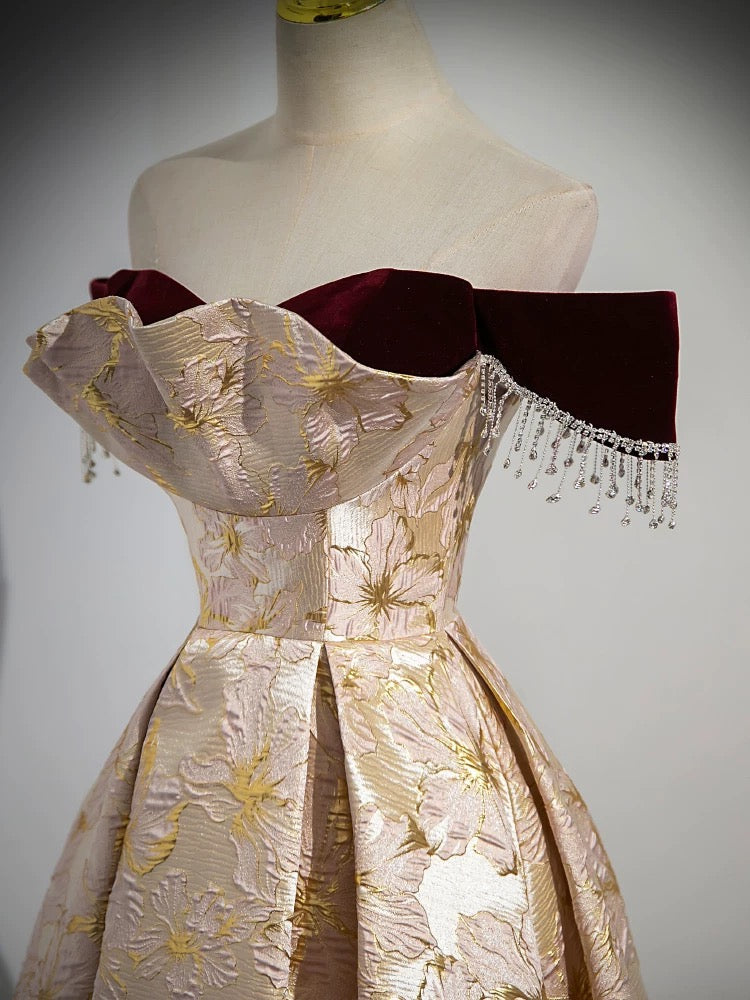 A-Line Off-Shoulder Champagne Satin Long Prom Dress