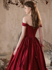 A-Line Off Shoulder Satin Burgundy Long Prom Dress, Burgundy Formal Dress