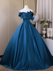 A-Line Satin Blue Long Prom Dress with Elegant Flowing Skirt