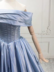 A-Line Off Shoulder Satin Blue Long Prom Dress with Lace-Up Back