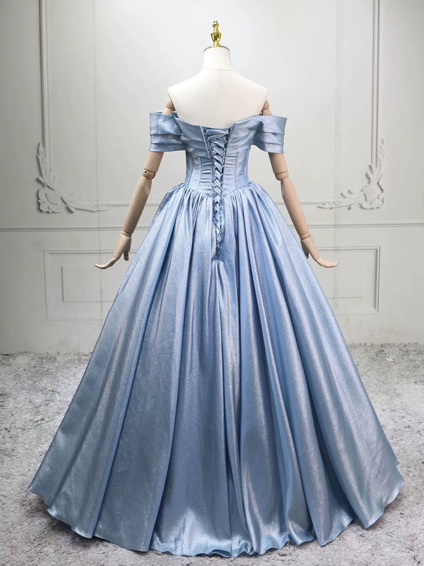 A-Line Off Shoulder Satin Blue Long Prom Dress with Lace-Up Back