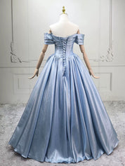 A-Line Off Shoulder Satin Blue Long Prom Dress with Lace-Up Back