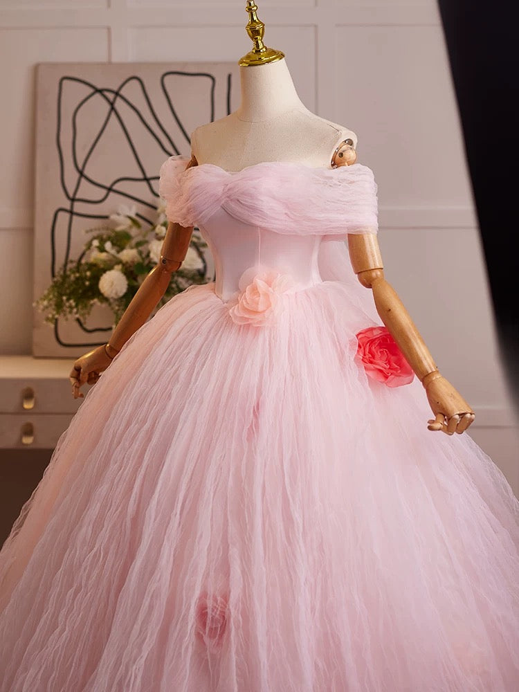 Blush Pink Ball Gown Off-the-Shoulder Floor-Length Tulle Prom Dress with Floral Appliqué