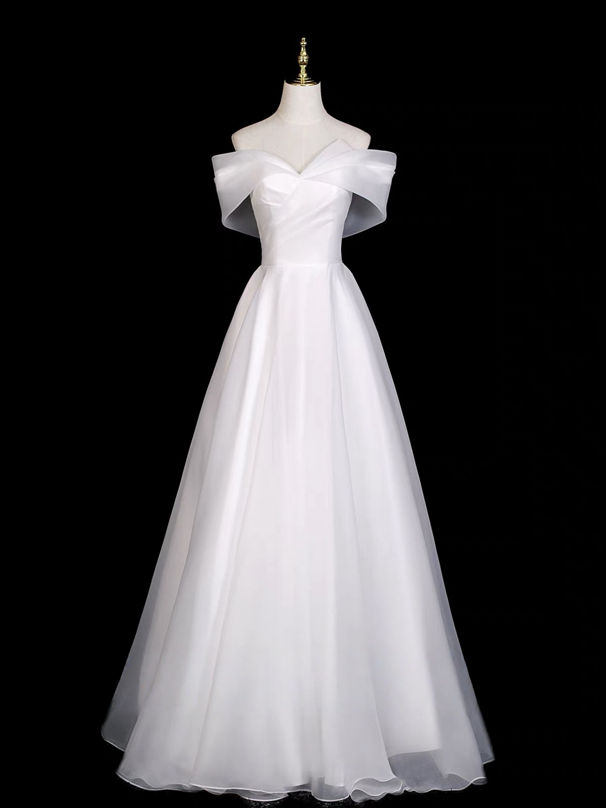 A-Line Off Shoulder Organza White Long Prom Dress with Lace-Up Back