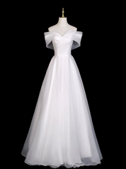 A-Line Off Shoulder Organza White Long Prom Dress with Lace-Up Back