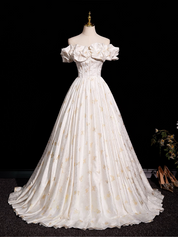 A-Line Off Shoulder Printed Satin Light Champagne Long Prom Dress with Lace-Up Back
