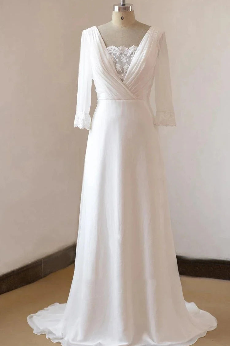 A-Line Chiffon Lace White  Satin Weddig Dress